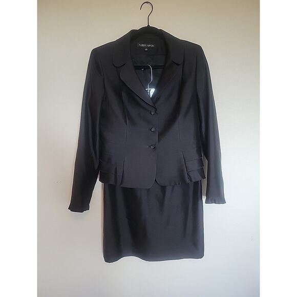 Vintage Albert Nipon Skirt Suit Women 10 Black Wool & Silk Lined Blazer Career - Picture 1 of 16